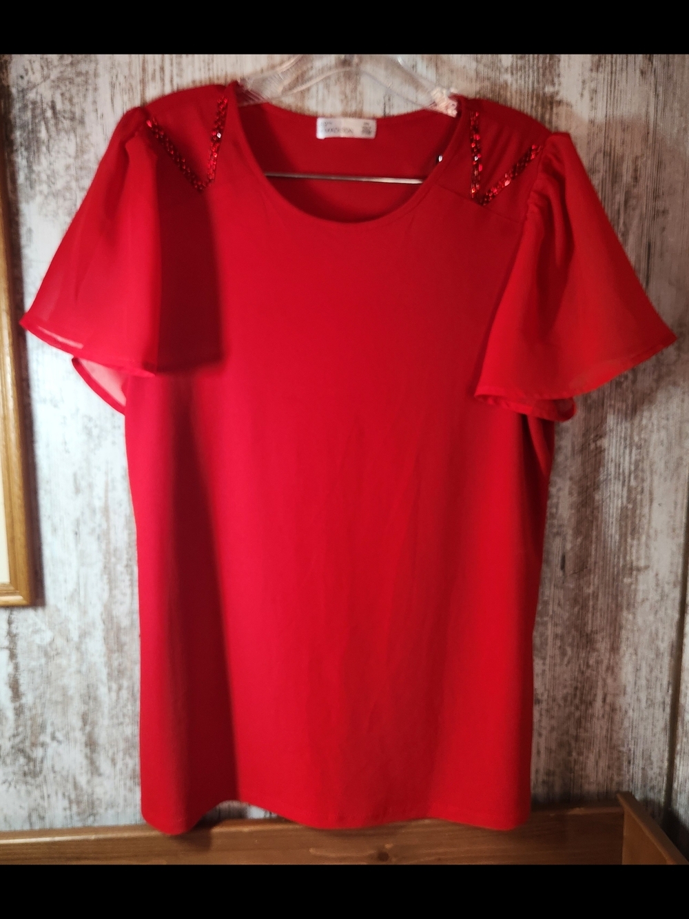 89th & Madison Vibrant Cherry Red Women's Blouse Beaded Shoulder Accents Sz M
